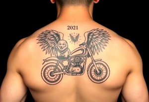 the year 1958 - 2021 with a motorcycle on it with guardian angel wolves tattoo idea