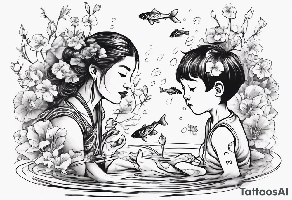 ethnic 
woman and little boy, watering sweet pea flowers cascading down, surrounding a pond with 2 koi fish swimming tattoo idea