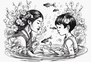 ethnic 
woman and little boy, watering sweet pea flowers cascading down, surrounding a pond with 2 koi fish swimming tattoo idea