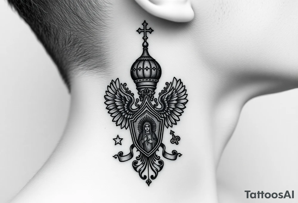 russian coat arms in a russian christian orthodox style virgin mary & orthodox dome church on the side of the neck tattoo idea