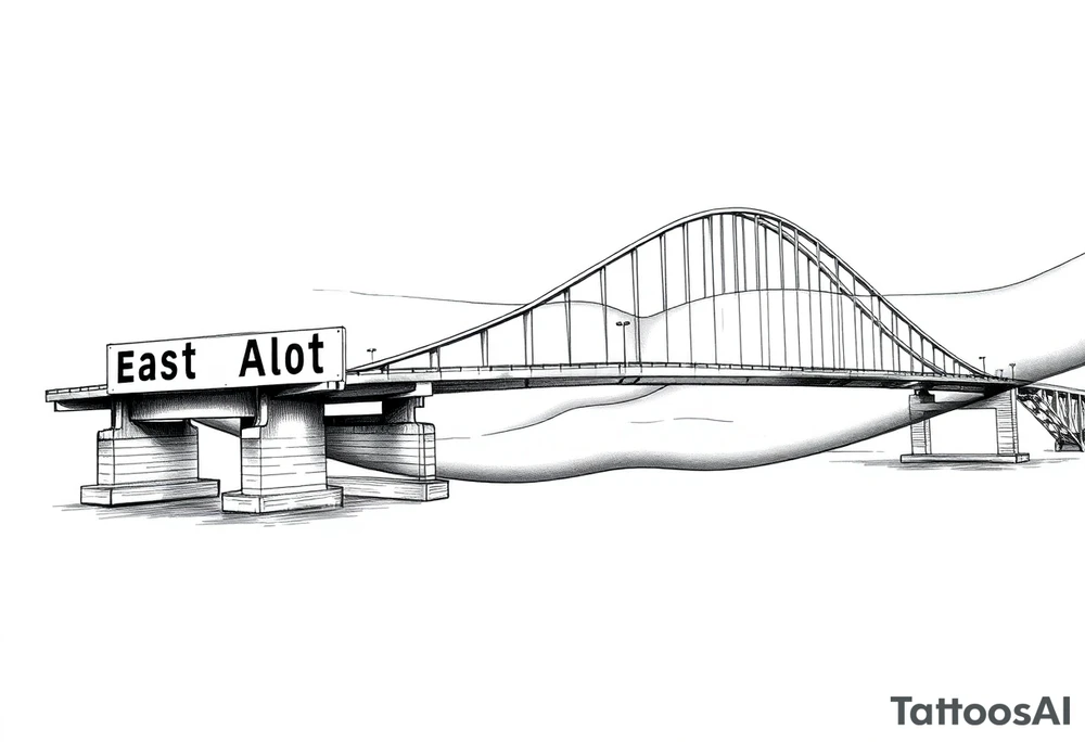 A bridge over water with two cities on the side. The city signs on the side of the bridge. East Palo Alto on the left and Newark on the right tattoo idea