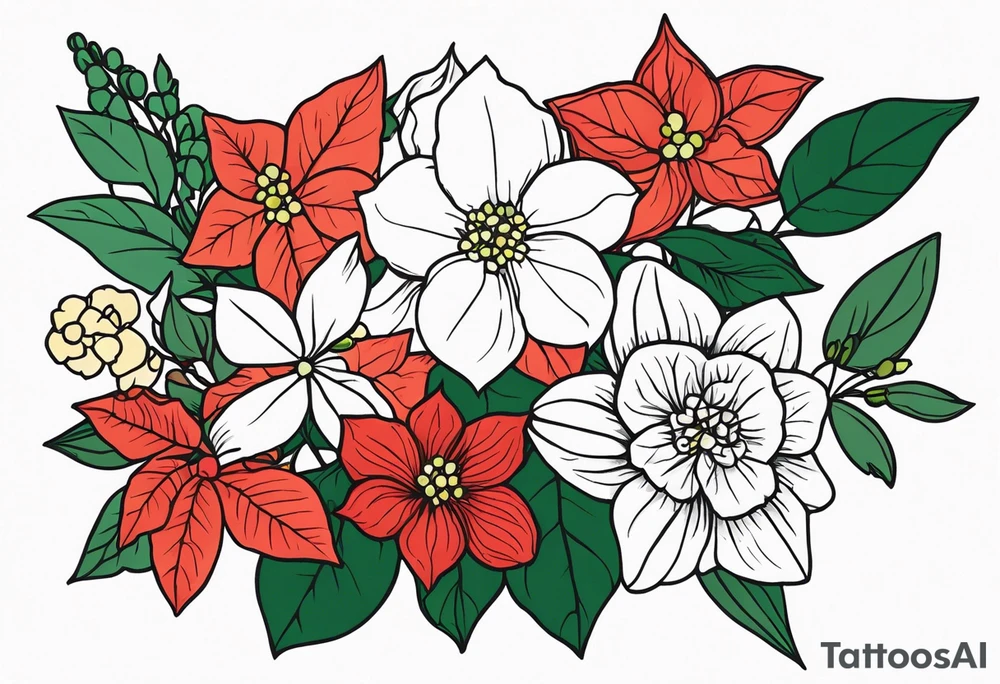 Hydrangea, Narcissus, Poinsettia, Holly, Gladiolus, Poppy, Daisy, Sweet Pea floral tattoo idea