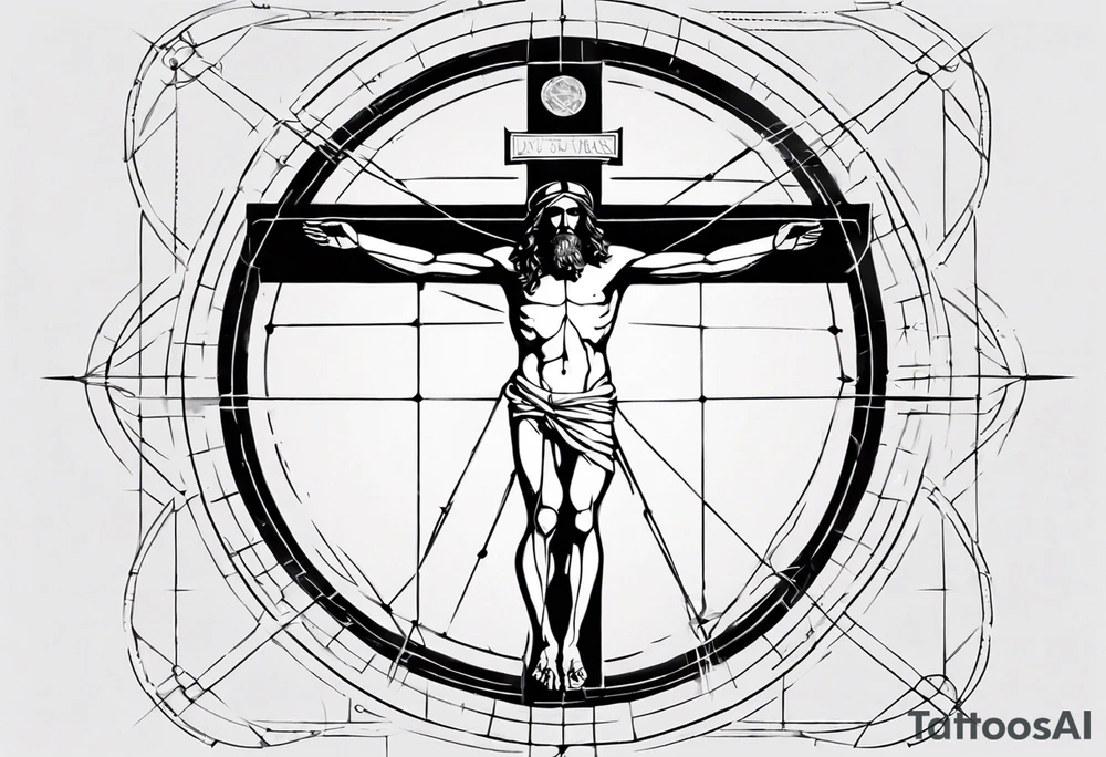 Heavy Geometric with Vitruvian man combined with Jesus on the cross tattoo idea