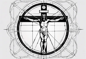 Heavy Geometric with Vitruvian man combined with Jesus on the cross tattoo idea