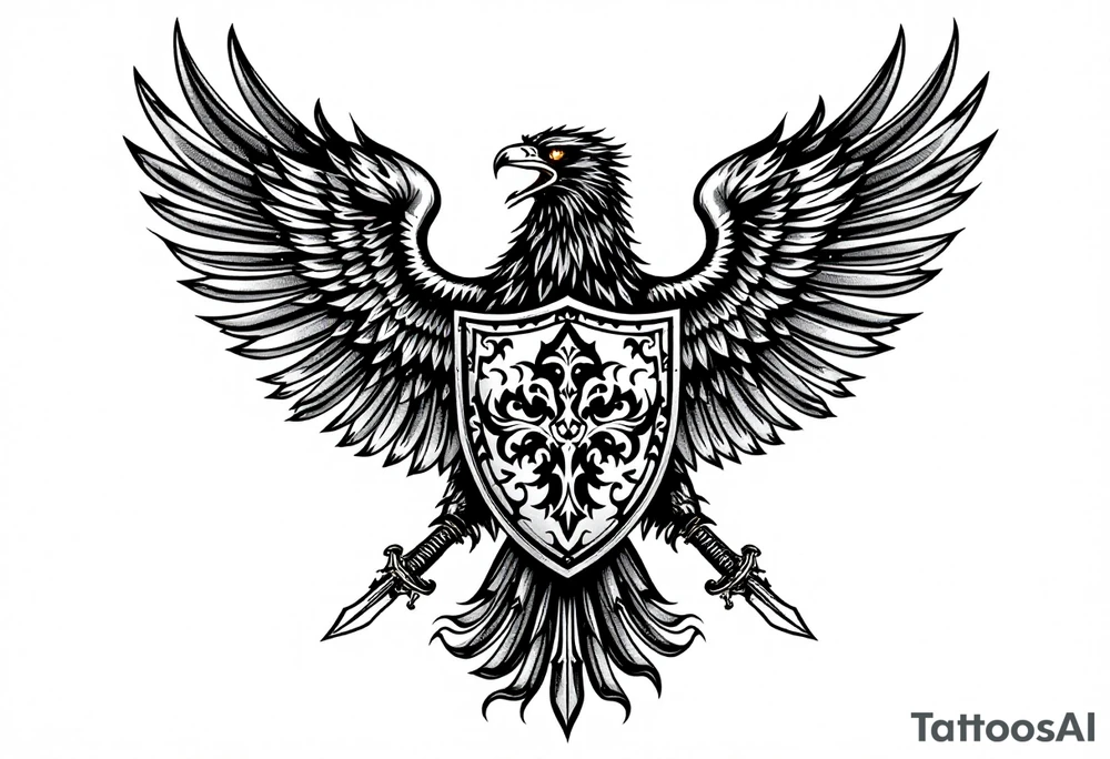 Silesian Eagle with a Shield and Swords – A fierce black eagle clutching a silver shield with traditional Silesian patterns, crossed by two ornate medieval swords. The eagle’s eyes glow in deep amber, symbolizing vigilance and protection. tattoo idea