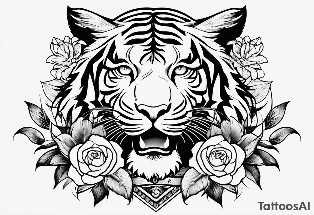Full sleeve with compass and tiger roses tattoo idea