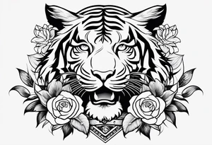 Full sleeve with compass and tiger roses tattoo idea