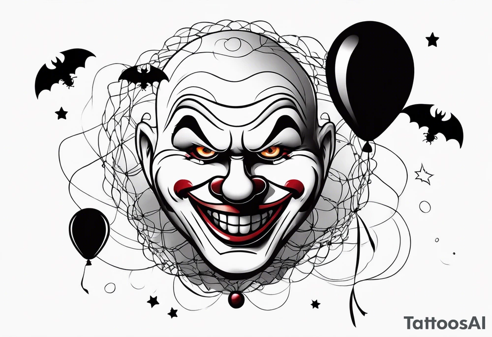 penny wise the clown
face on a floating balloon with spiders crawling on the balloon and bats flying around tattoo idea