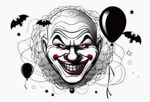 penny wise  the clown 
face on a floating balloon with spiders crawling on the balloon and bats flying around tattoo idea
