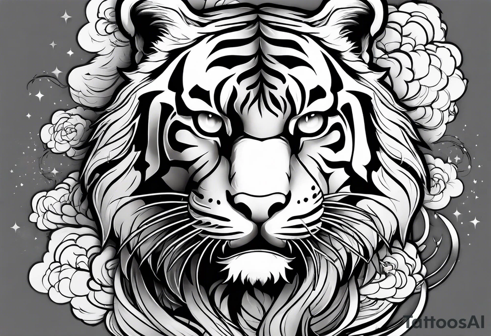 tiger with a full body not just its head with its body twisting clouds around tattoo idea