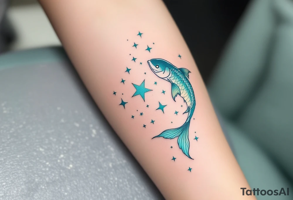 In this tattoo, a gradient of sea-green and teal forms the Pisces stars with the zodiac glyph in matching hues. tattoo idea