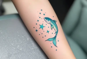 In this tattoo, a gradient of sea-green and teal forms the Pisces stars with the zodiac glyph in matching hues. tattoo idea