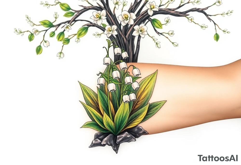 Small White lily in the valley bells growing next to other different colored lilie plants planted 
Under a blooming hawthorn tree tattoo idea