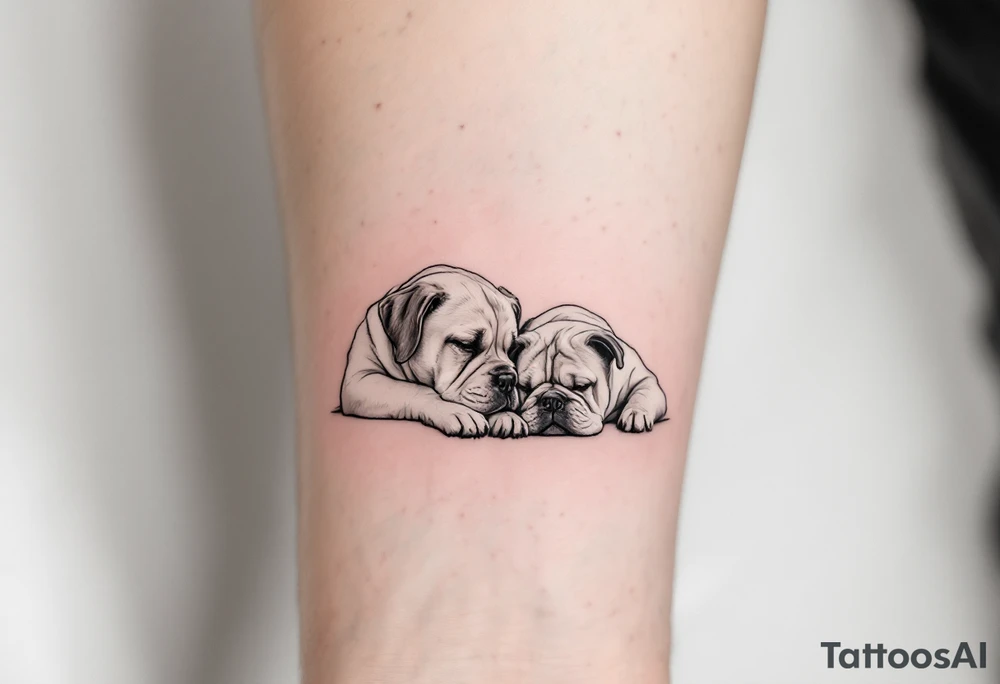 a golden retriever dog and an English bulldog, lying on their sides, head to head, foreheads touching, the golden retriever's head is larger than bulldog's tattoo idea