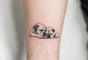 a golden retriever dog and an English bulldog, lying on their sides, head to head, foreheads touching, the golden retriever's head is larger than bulldog's tattoo idea