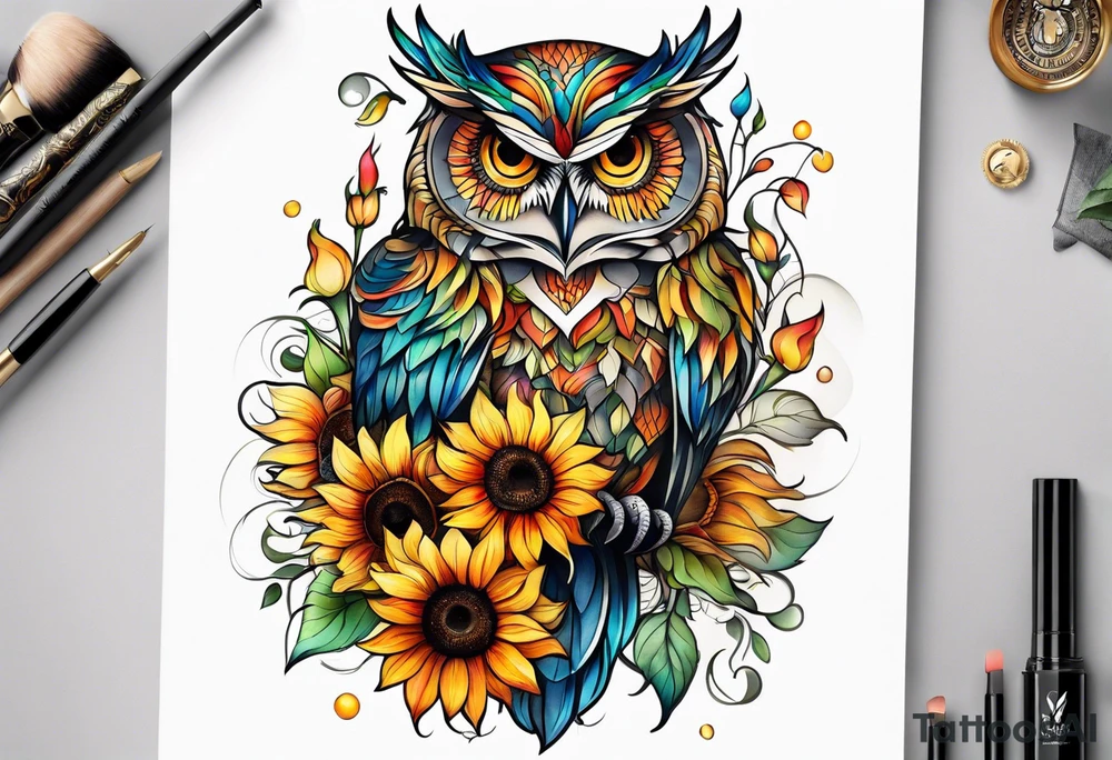 Leg sleeve with colorful sunflowers and an owl tattoo idea