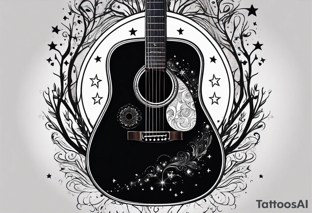 acoustic black guitar made out of trees and a night sky with a bright star tattoo idea