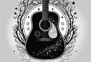 acoustic black guitar made out of trees and a night sky with a bright star tattoo idea