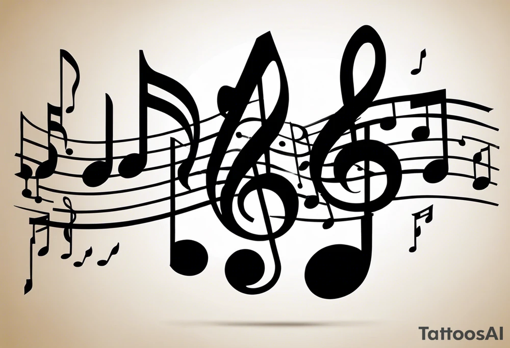 design matching tattoos for bff and i combines elements of music, friendship, and sophisticated aesthetics for you and your best friend. somehow incorporates two musical staffs in a slight 3D. Shading techniques. On one staff, a single B note represents "best," while the other staff features two notes for "friends forever." render musical elements  in crisp black ink, creating a clean and timeless look.At the end of each staff, small, photorealistic 3D gemstones (1 deep purple garnet and the other -opal with flashes of blue and purple iridescence) should appear to float just above the skin. Behind musical staffs & gems, subtle ombre shading effect transitioning soft purple to deep blue. hyper-realistic gems are focal point, contrasting crisp, clean lines of the musical notation (shaded for dimension). tattoo idea