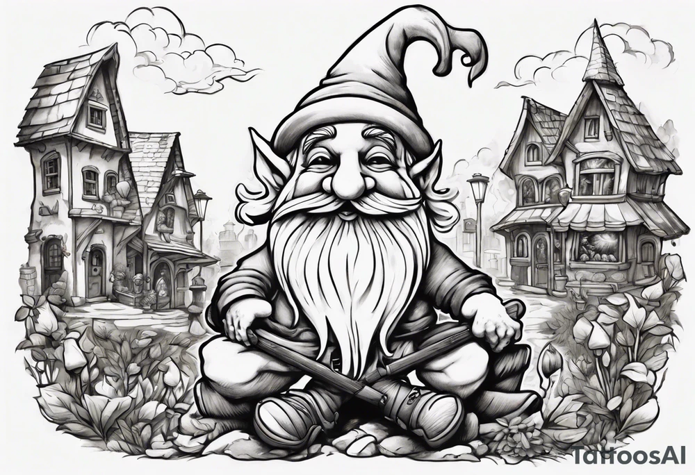 a 4 foot moss green deep gnome with handlebar mustache with a lute serenating a crowd in a small town square tattoo idea