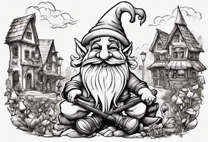 a 4 foot moss green deep gnome with handlebar mustache with a lute serenating a crowd in a small town square tattoo idea