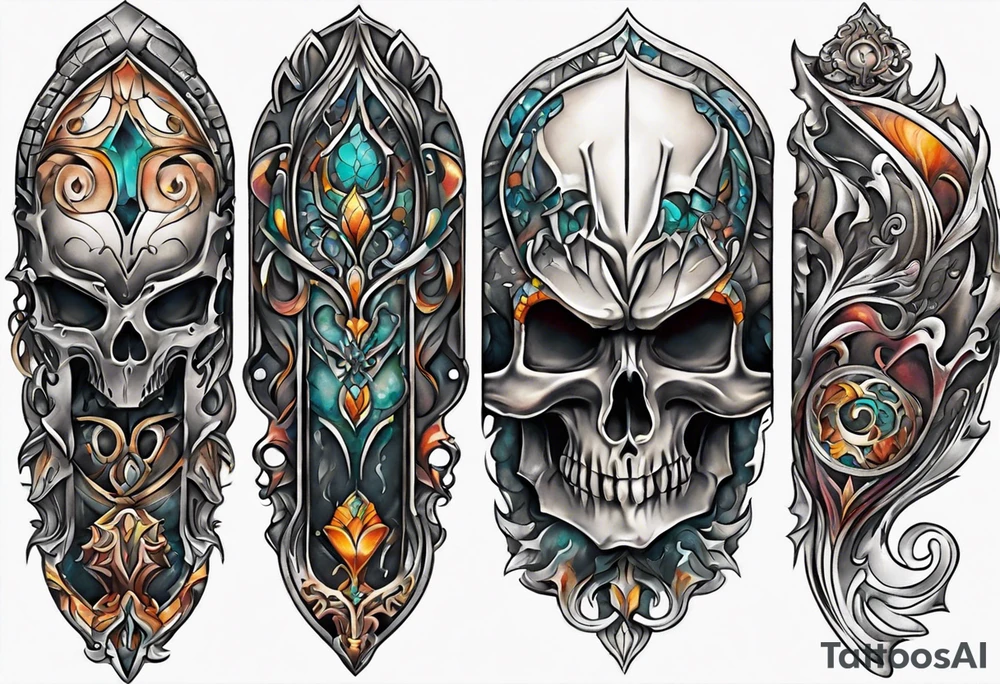 knee tattoo with skull and water colors and shapes tattoo idea