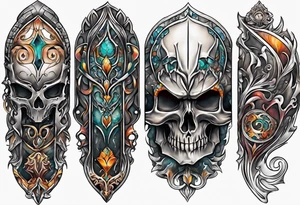 knee tattoo with skull and water colors and shapes tattoo idea