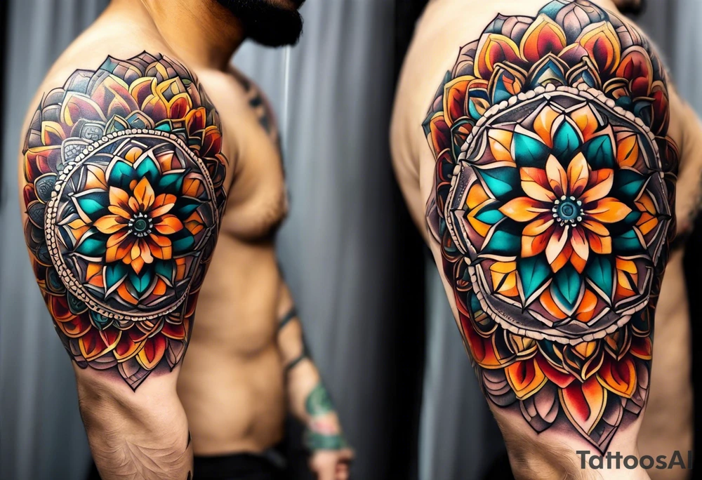 simple male mandala elbow tattoo in fall colors tattoo idea