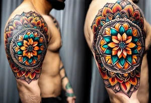 simple male mandala elbow tattoo in fall colors tattoo idea