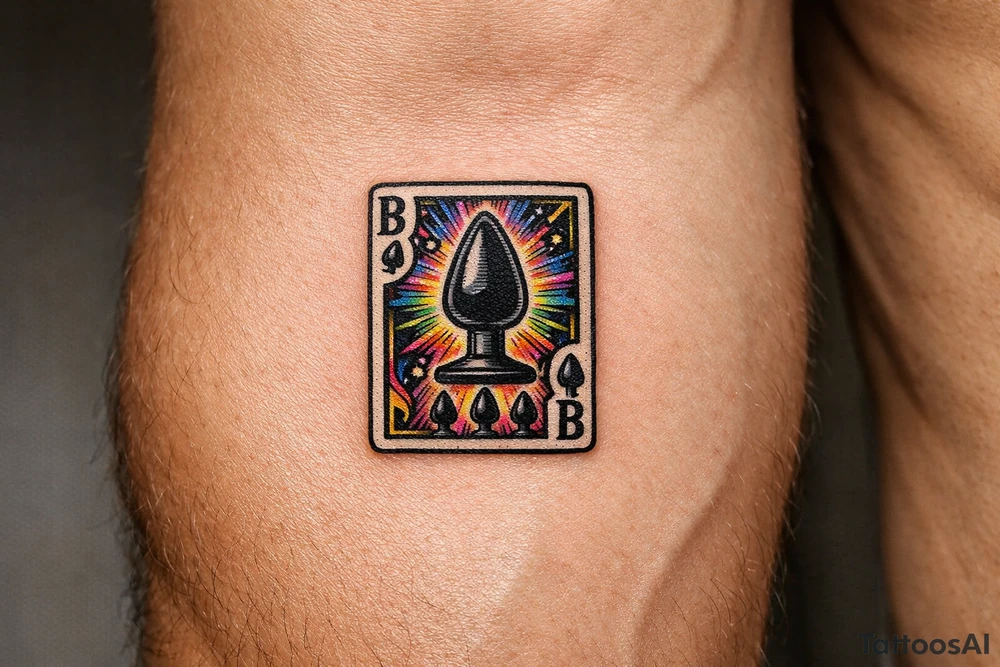 A close-up of a hand holding a playing card with a butt plug suit. tattoo idea