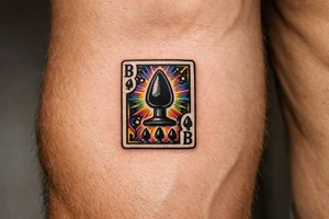 A close-up of a hand holding a playing card with a butt plug suit. tattoo idea