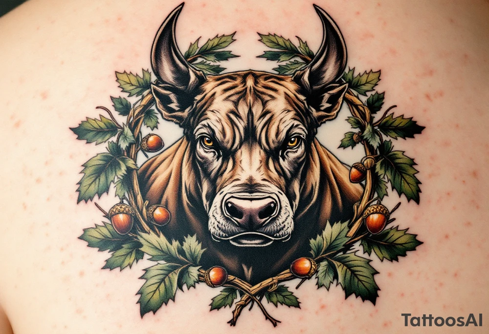 Staffbull in a Frame of Oak Leaves and Acorns
Symbol of strength and loyalty. A brown Staffbull in a natural frame of green oak leaves and brown acorns. Rich, earthy tones. tattoo idea