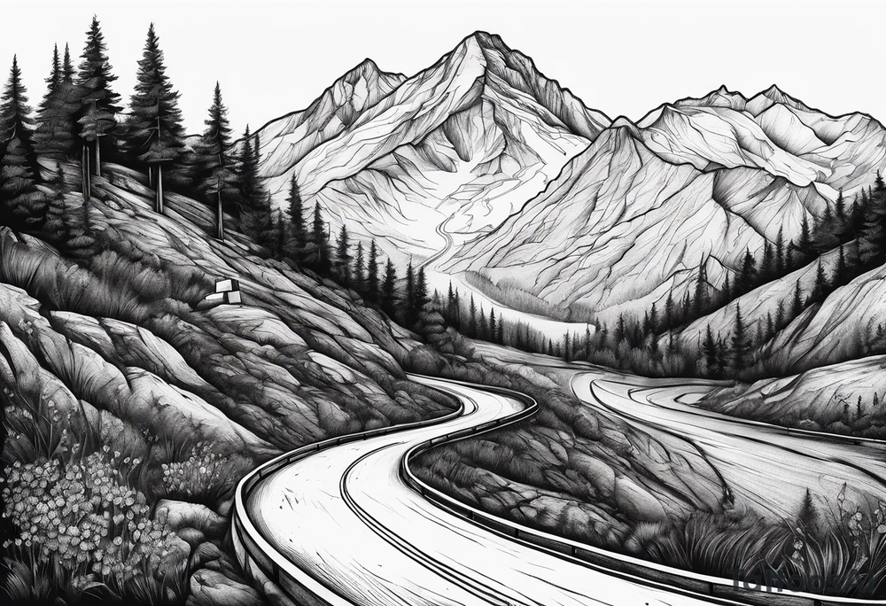 mountain road tattoo with road sign tattoo idea