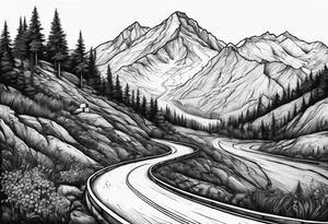 mountain road tattoo with road sign tattoo idea