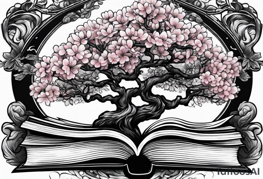 Cherry blossom tree growing out of a stack of books tattoo idea