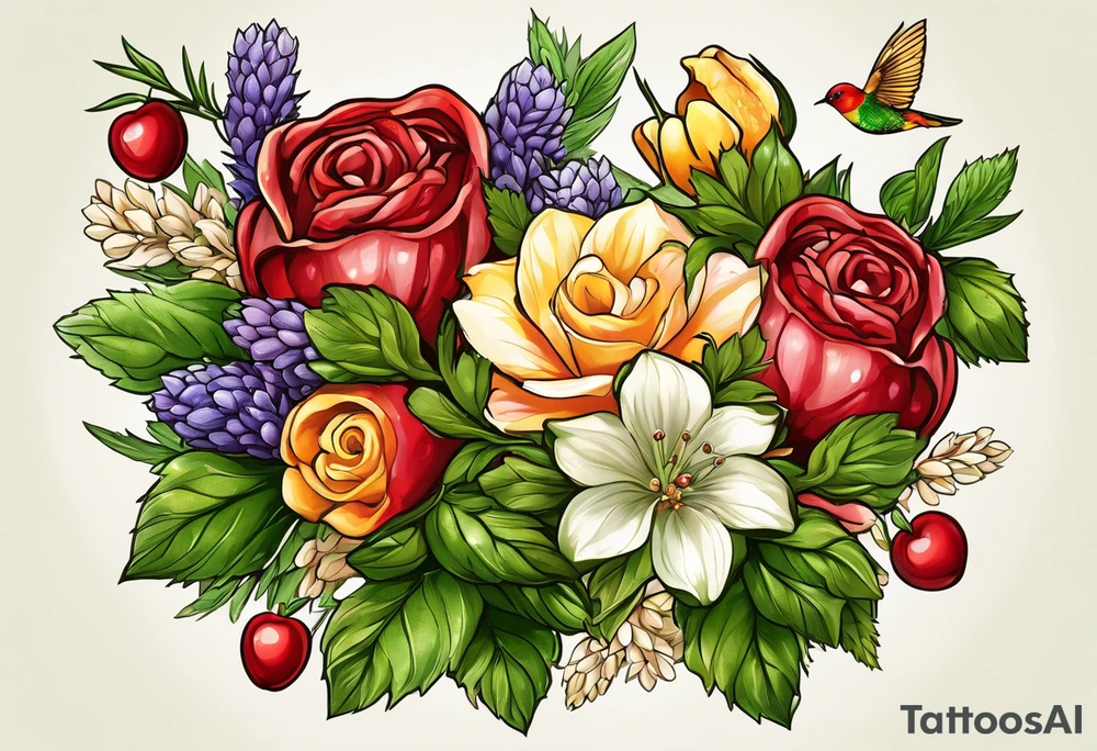 Hops, Rosemary, Thyme, Sage, Juniper, Corn, Wheat, Rose, Sunflower, Cherry blossom, Apple blossom, Honeycomb, Maple leaves, Violet/primrose, Carrot, Cherry, Apple/apple core, Acorns

Hawk, Lightbulb, Hummingbird tattoo idea
