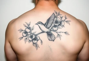 wind up bird in persimmon tree with lots of fruits and branches tattoo idea