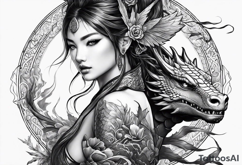 complete warrior fairy nymph with dragon tattoo idea