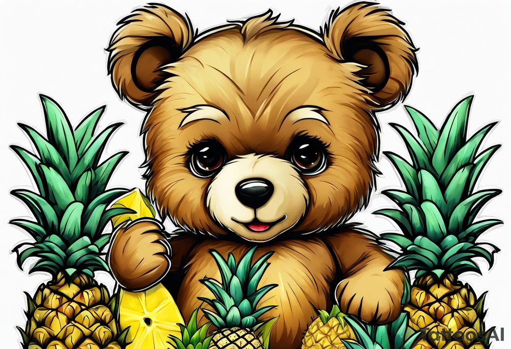 Teddy Bear biting pineapples tattoo idea