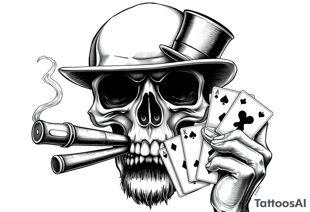 a skull with mustache, a big cigar in his mouth,top-hat on his head and playing cards in a hand. tattoo idea