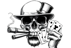a skull with mustache, a big cigar in his mouth,top-hat on his head and playing cards in a hand. tattoo idea
