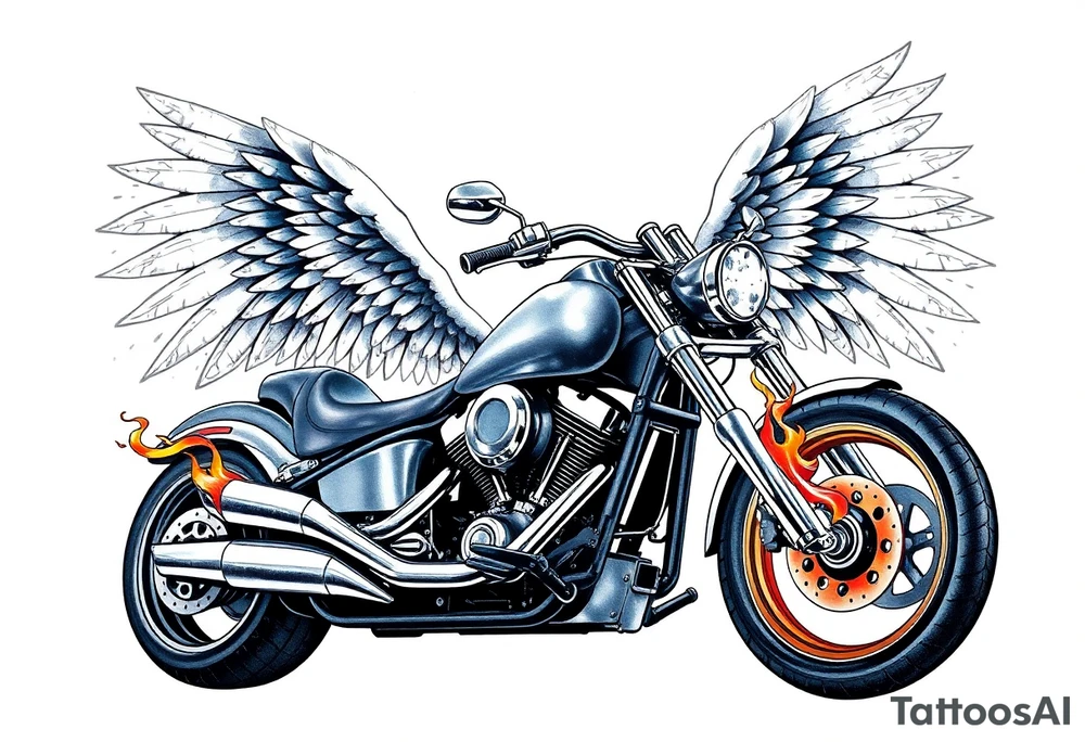 Low rider grey motorcycle, big muffler pipes with flames, angel wings, driving away, no person tattoo idea