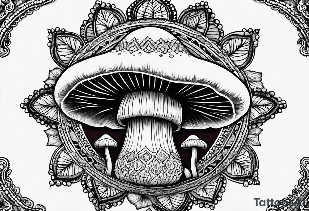 Black mushroom tattoo with henna style mandala design surrounding it tattoo idea