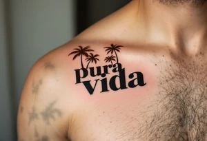Bold serif “Pura Vida” in dark brown ink with palm tree silhouettes in deep green and sandy beige. tattoo idea
