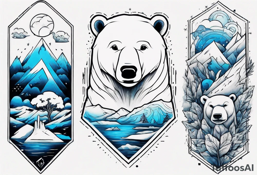 arm tattoo of weather and a little muscular polar bear and ice berg and some nature make colors primary black and white with a little blue tattoo idea