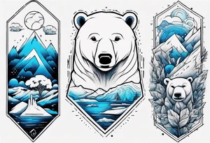 arm tattoo of weather and a little muscular polar bear and ice berg and some nature make colors primary black and white with a little blue tattoo idea