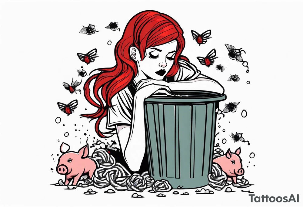 Dead girl with fishnet stockings and red hair with pig tails inside of a trash can with flies buzzing around tattoo idea