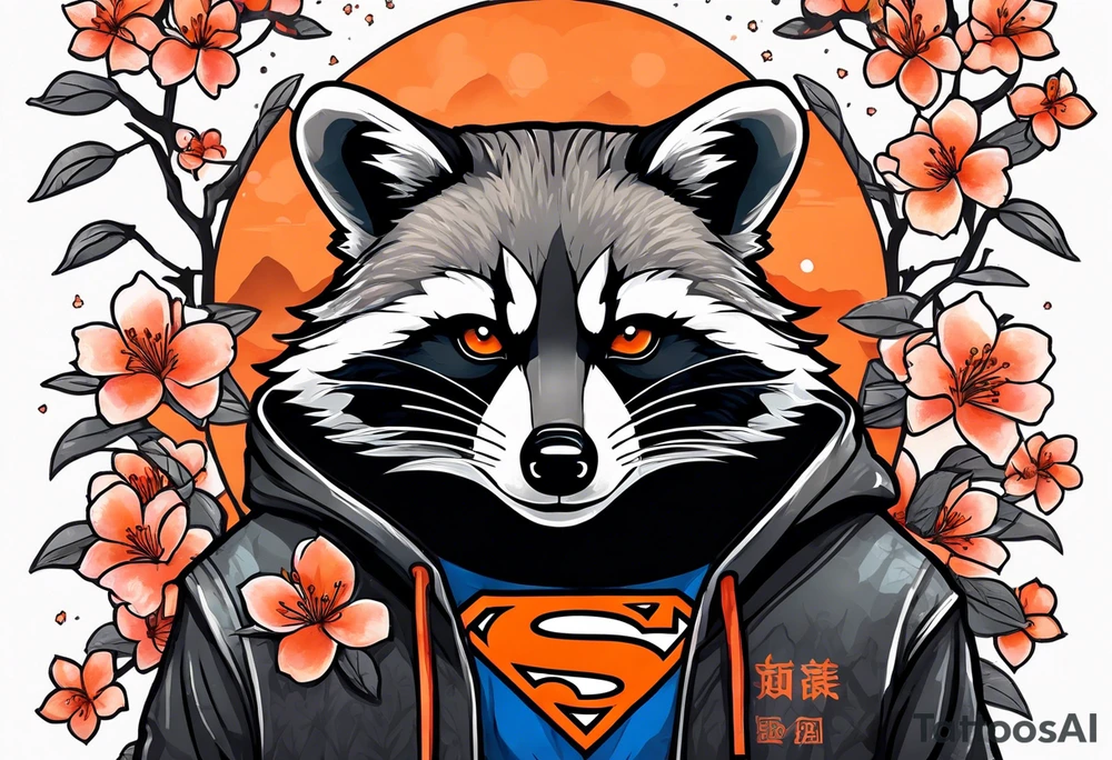 Raccoon wearing a white Superman logo on a black hoodie and orange Japanese cherry blossoms tattoo idea