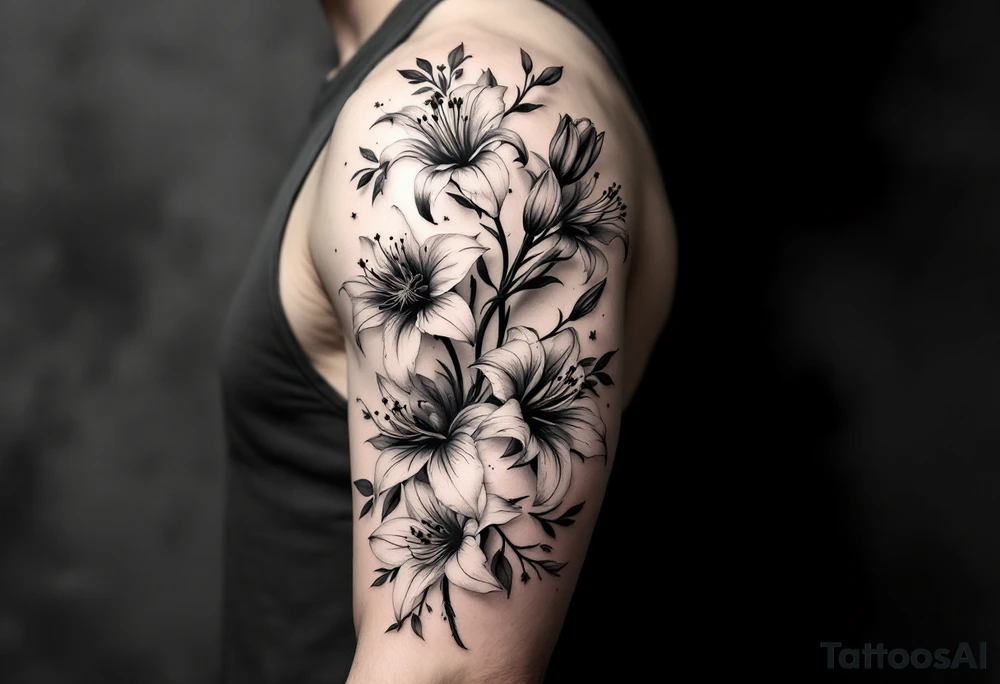 flower arrangement with spider lilies, tulip, lilies, cherry blossom tattoo idea