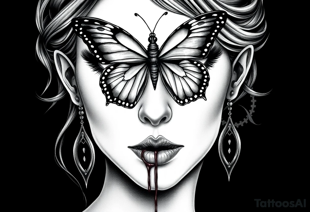Black and grey realism tattoo design of a beautiful woman's face. And a butterfly landing g on her on the upper bridge of her nose so that the lower wings of the butterfly is covering both her eyes  the butterflys right lower wing is covering her right eye and the lower left of the butterfly wing is covering her left eye  (see no evil),her mouth where her lips are are stiched shut like with needle and thread firming little xs from the right side of her mouth to the left (speak no evil). Her ears are dripping blood that is steaming down her neck and cheek. The style is black and grey realism, hyper-realistic, dark, and evil. Incorporate ninja gear elements and mechanical details (gears) subtly into the background or clothing for a gear ninja evil look. Design for a full forearm sleeve placement tattoo idea